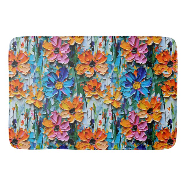 Impasto Style Oil Flowers in a Colourful Pattern Bath Mat (Front)