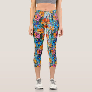 Impasto Style Oil Flowers in a Colourful Pattern Capri Leggings