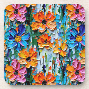 Impasto Style Oil Flowers in a Colourful Pattern Coaster