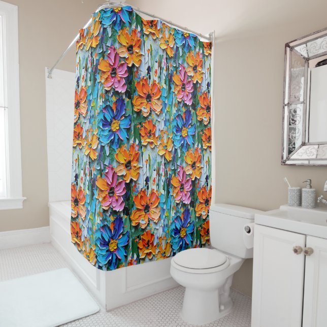 Impasto Style Oil Flowers in a Colourful Pattern Shower Curtain (In Situ)