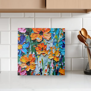 Impasto Style Oil Flowers in a Colourful Pattern Tile