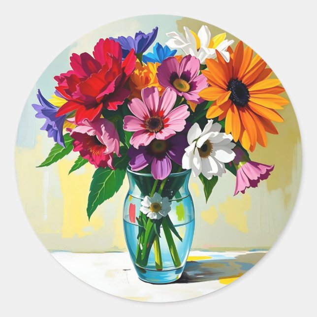 Impasto Style Vase of Colourful Flowers Classic Round Sticker (Front)