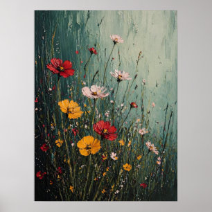 Impasto Wildflower Meadow in Teal Mist Poster