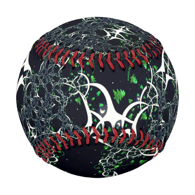 Imperfect white fractal on black space, knitted baseball (Front)