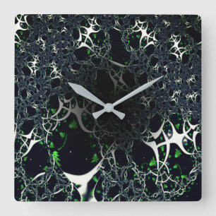 Imperfect white fractal on black space, knitted square wall clock