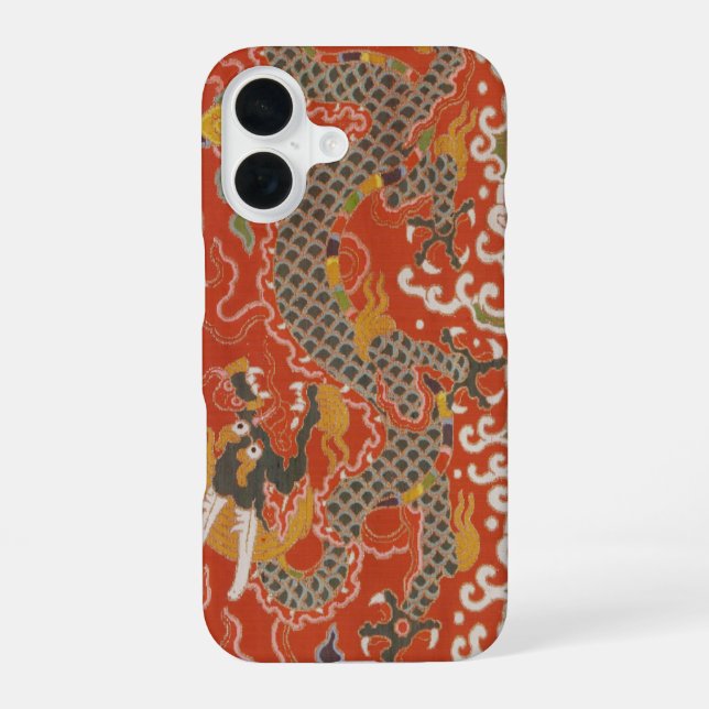 Imperial Red & Black Dragon Silk Pattern iPhone 16 Case (Back)