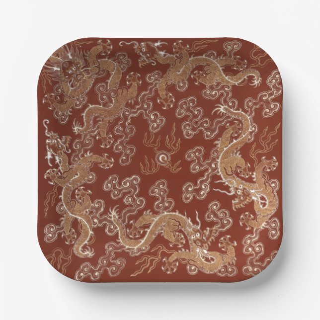 Imperial Red & Gold Dragon Silk Art Paper Plate (Front)