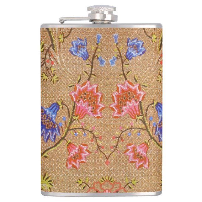 Imperial Red & Gold Interlocking Floral Silk Art Hip Flask (Front)