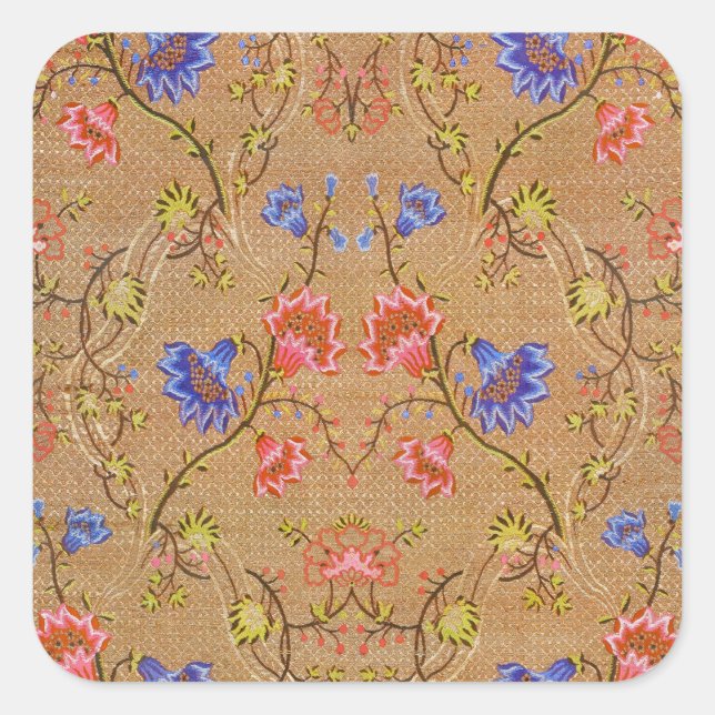 Imperial Red & Gold Interlocking Floral Silk Art Square Sticker (Front)