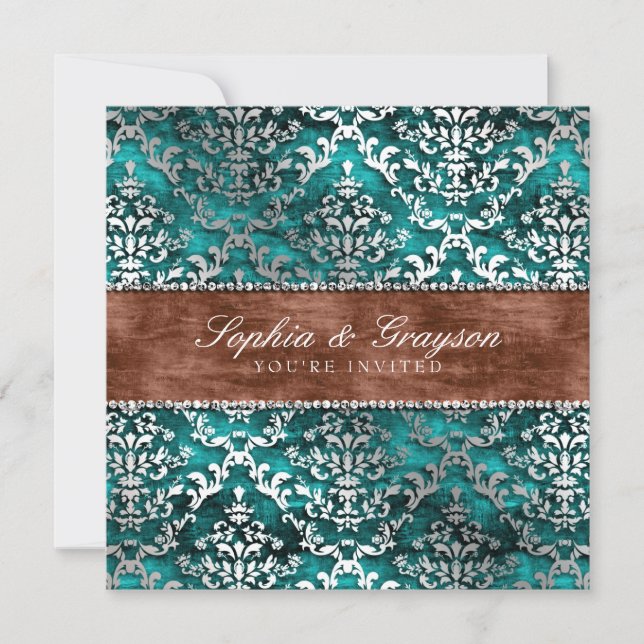 Imperial Teal Glimmer Damask Wedding Invite (Front)