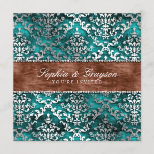 Imperial Teal Glimmer Damask Wedding Invite