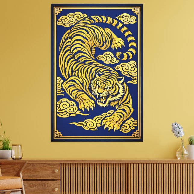 Imperial Tiger – Gold & Blue Canvas Print (Insitu(LivingRoom))