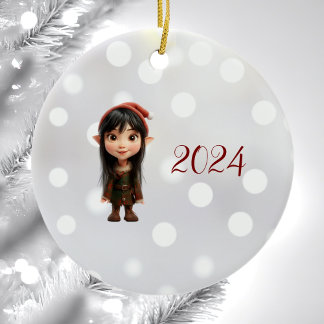 Impish Girl Christmas Elf Ceramic Ornament
