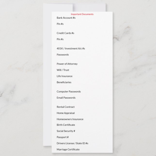 Important Documents Card (Front)