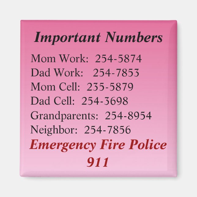 Important Numbers Magnet (Front)
