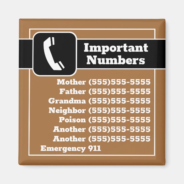 Important Phone Numbers Emergency Reminders Fridge Magnet (Front)