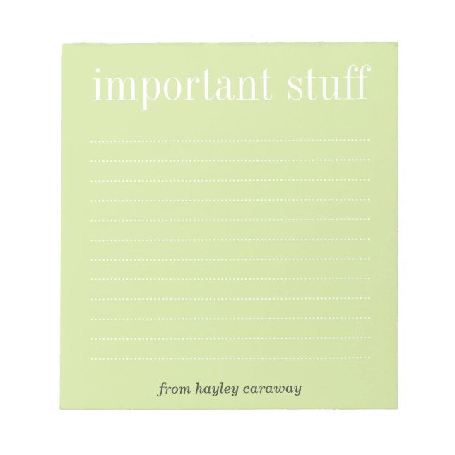 Important stuff tea green lined memo pad (Front)
