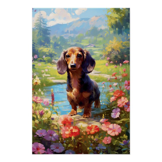 Impressionism Dachshund Exploring A Meadow Poster (Front)