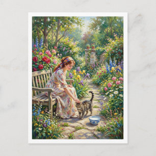 Impressionism Flower Garden Cat Milk Bowl Woman Postcard