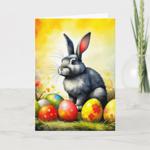 Impressionism Grey and White Easter Bunny Holiday Card