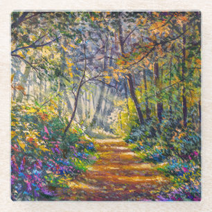 Impressionism Path: Sunny Forest Watercolor Glass Coaster