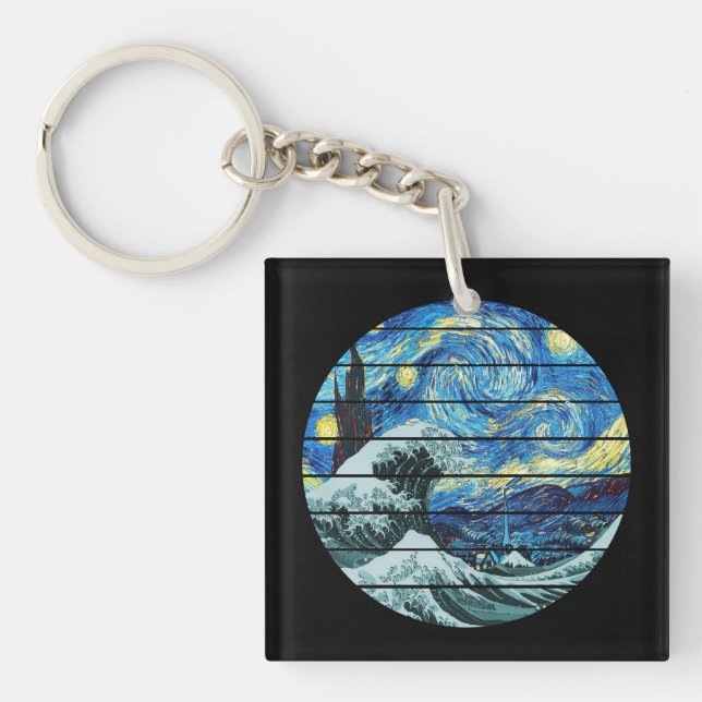 IMPRESSIONISM STARRY NIGHT WAVE OF KANAGAWA ART KEY RING (Front)