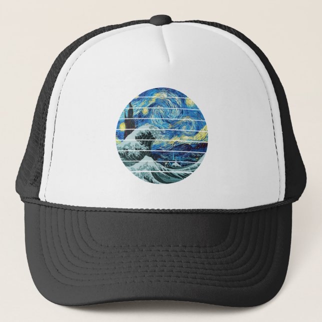 IMPRESSIONISM STARRY NIGHT WAVE OF KANAGAWA ART TRUCKER HAT (Front)