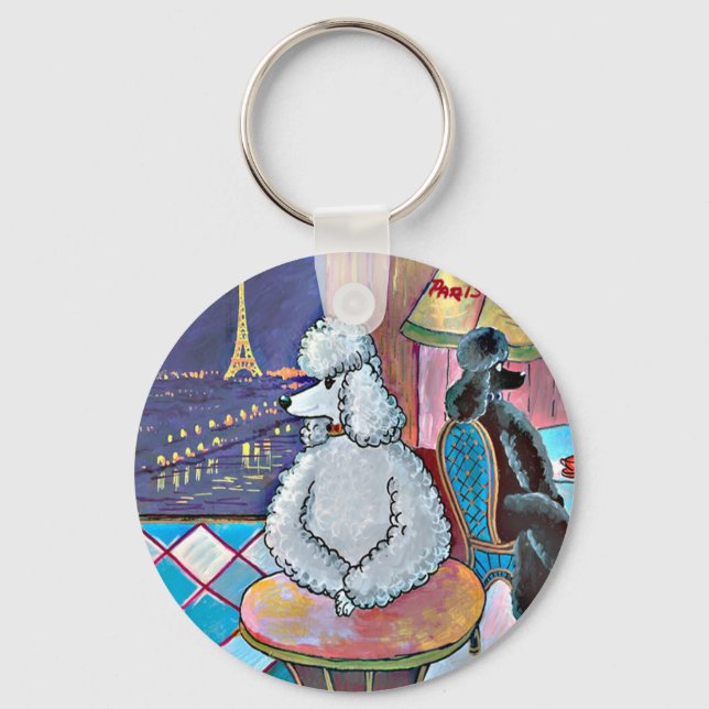 Impressionist Art Poodles Paris Cafe Keychain (Front)