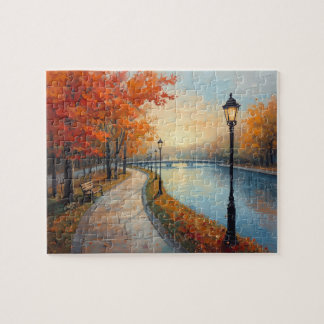 Impressionist Autumn River Walk Lamp Posts Jigsaw Puzzle