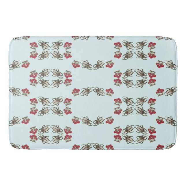 Impressionist Beetle & Cherry Watercolor Pattern Bath Mat (Front)
