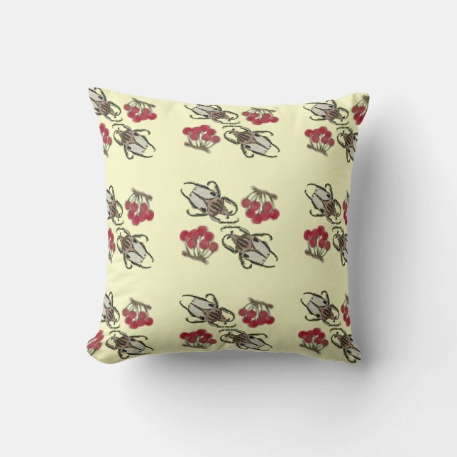 Impressionist Beetle & Cherry Watercolor Pattern Cushion (Front)