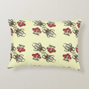 Impressionist Beetle & Cherry Watercolor Pattern Decorative Cushion