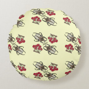 Impressionist Beetle & Cherry Watercolor Pattern Round Cushion