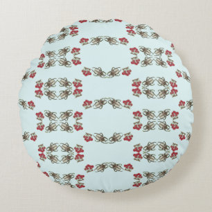 Impressionist Beetle & Cherry Watercolor Pattern Round Cushion