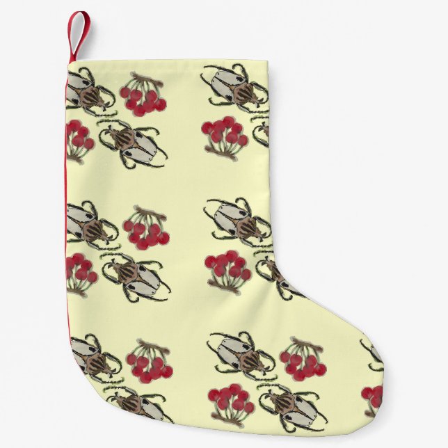 Impressionist Beetle & Cherry Watercolor Pattern Small Christmas Stocking (Front)