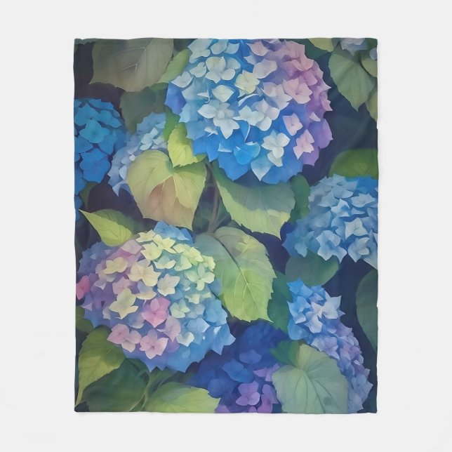 Impressionist Blue Hydrangeas Fleece Blanket (Front)