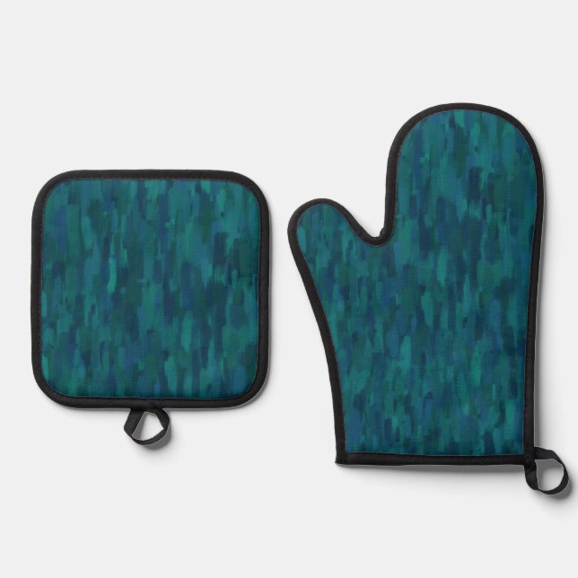 Impressionist Brush Strokes, Navy, Teal, Blue Oven Mitt & Pot Holder Set (Front)