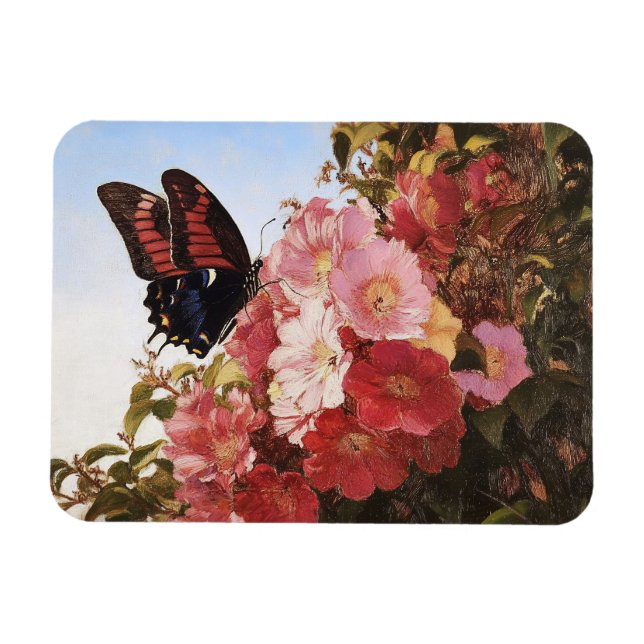 Impressionist Butterfly and Pink Flowers Magnet (Horizontal)