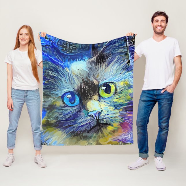 Impressionist Cat Portrait Blue Yellow Black Fleece Blanket (In Situ)