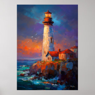 Impressionist Coastal Lighthouse Seascape Painting Poster