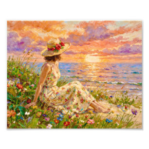 Impressionist Coastal Sunset   Woman on Beach Photo Print