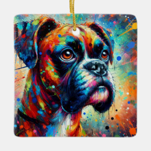 Impressionist Colourful Pop Art Boxer Dog Painting Ceramic Ornament
