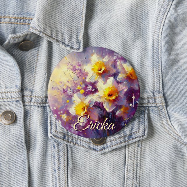 Impressionist Daffodil Floral Purple Personalised 10 Cm Round Badge (In Situ)