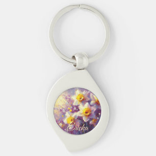 Impressionist Daffodil Floral Purple Personalised Key Ring