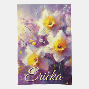 Impressionist Daffodil Floral Purple Personalised Tea Towel