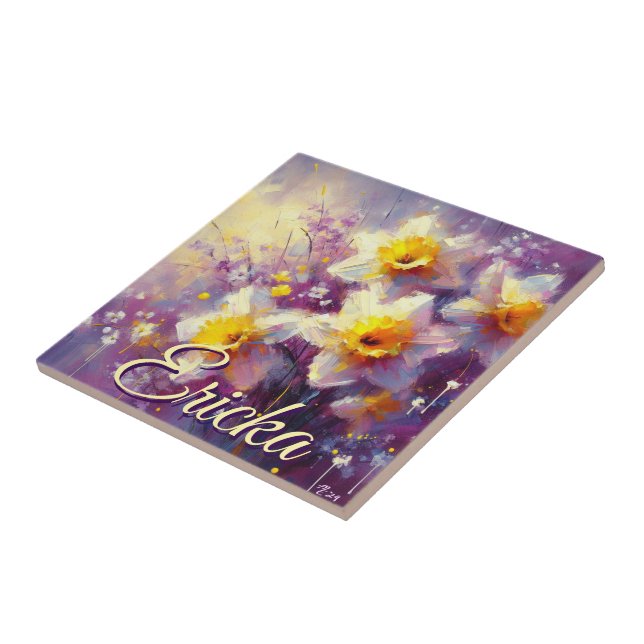 Impressionist Daffodil Floral Purple Personalised Tile (Side)