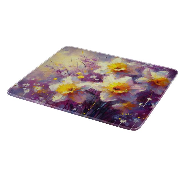 Impressionist Daffodil Floral Purple Yellow Art Cutting Board (Corner)