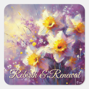 Impressionist Daffodil Floral Purple Yellow Art Square Sticker