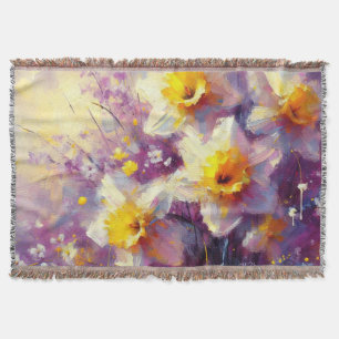 Impressionist Daffodil Floral Purple Yellow Art Throw Blanket