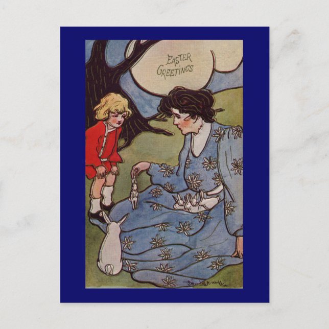 Impressionist Easter Lady with Rabbit Babies Holiday Postcard (Front)